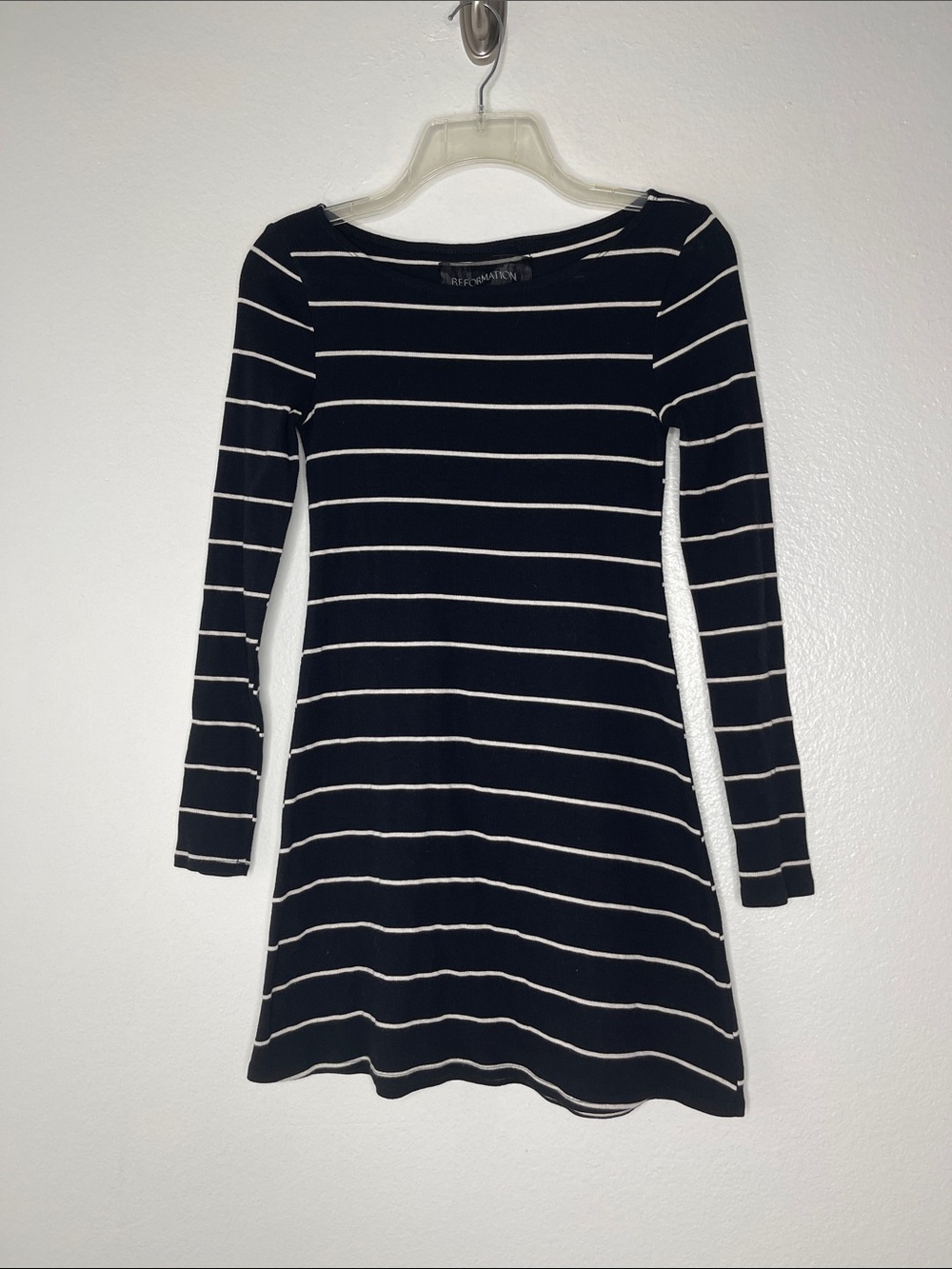 Reformation Ribbed Black White Striped Mini Dress, Size Medium